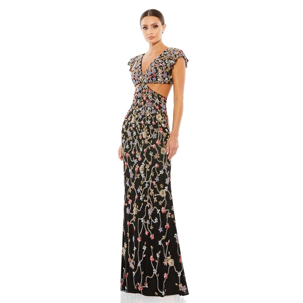 MAC DUGGAL EMBELLISHED CUT OUT RUFFLED CAP SLEEVE COLUMN GOWN
